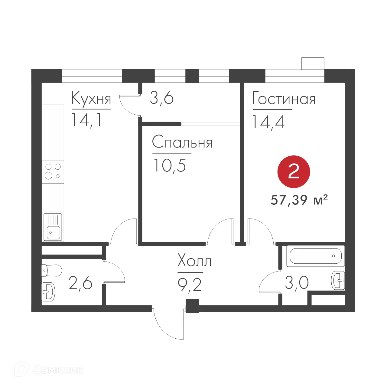 Планировка 2-комнатной квартиры 57.39 м² в ЖК Панова Парк, г. Самара — фото 2