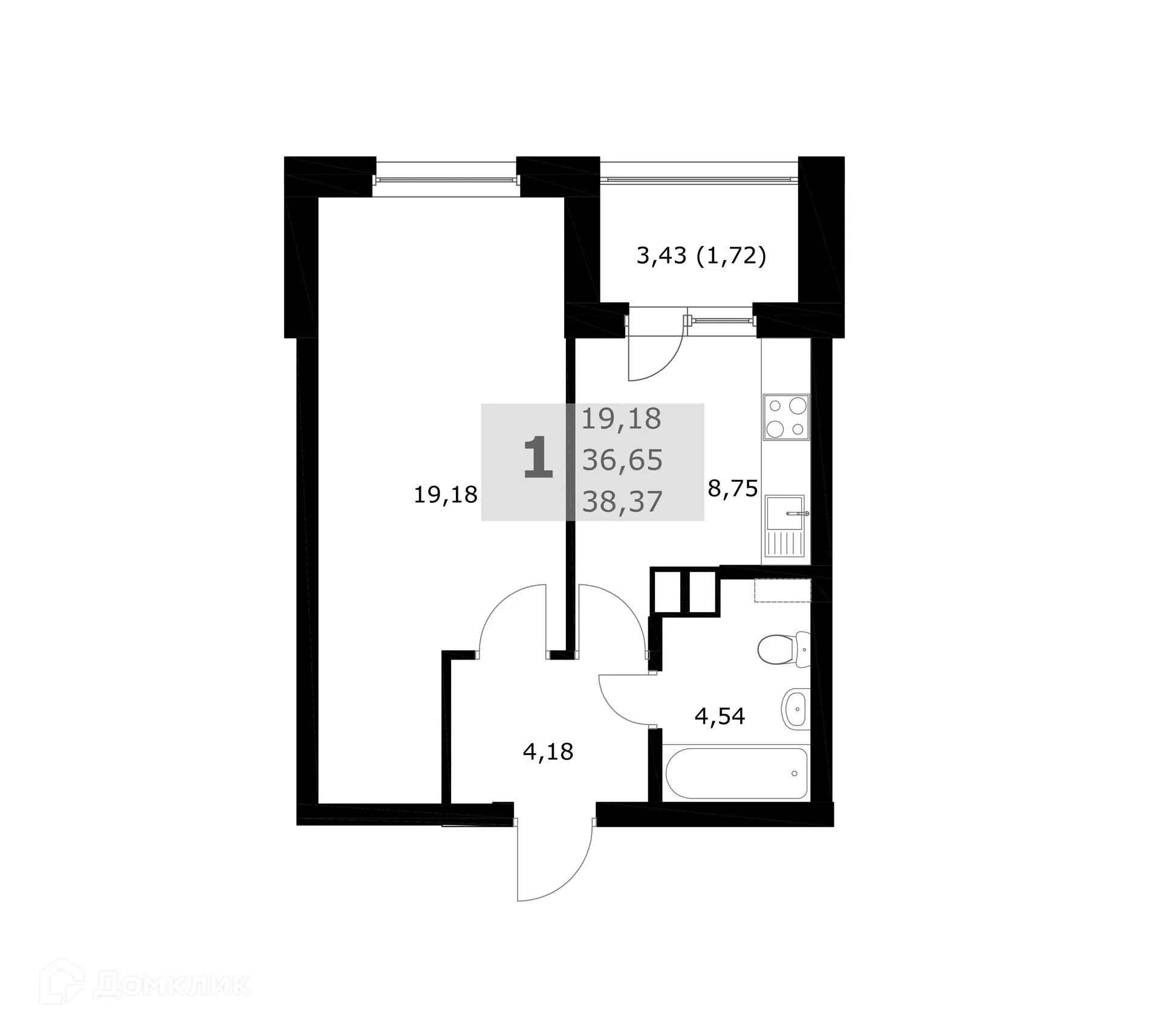 Планировка 1-комнатной квартиры 38.37 м² в ЖК Комфорт, г. Самара — фото 1