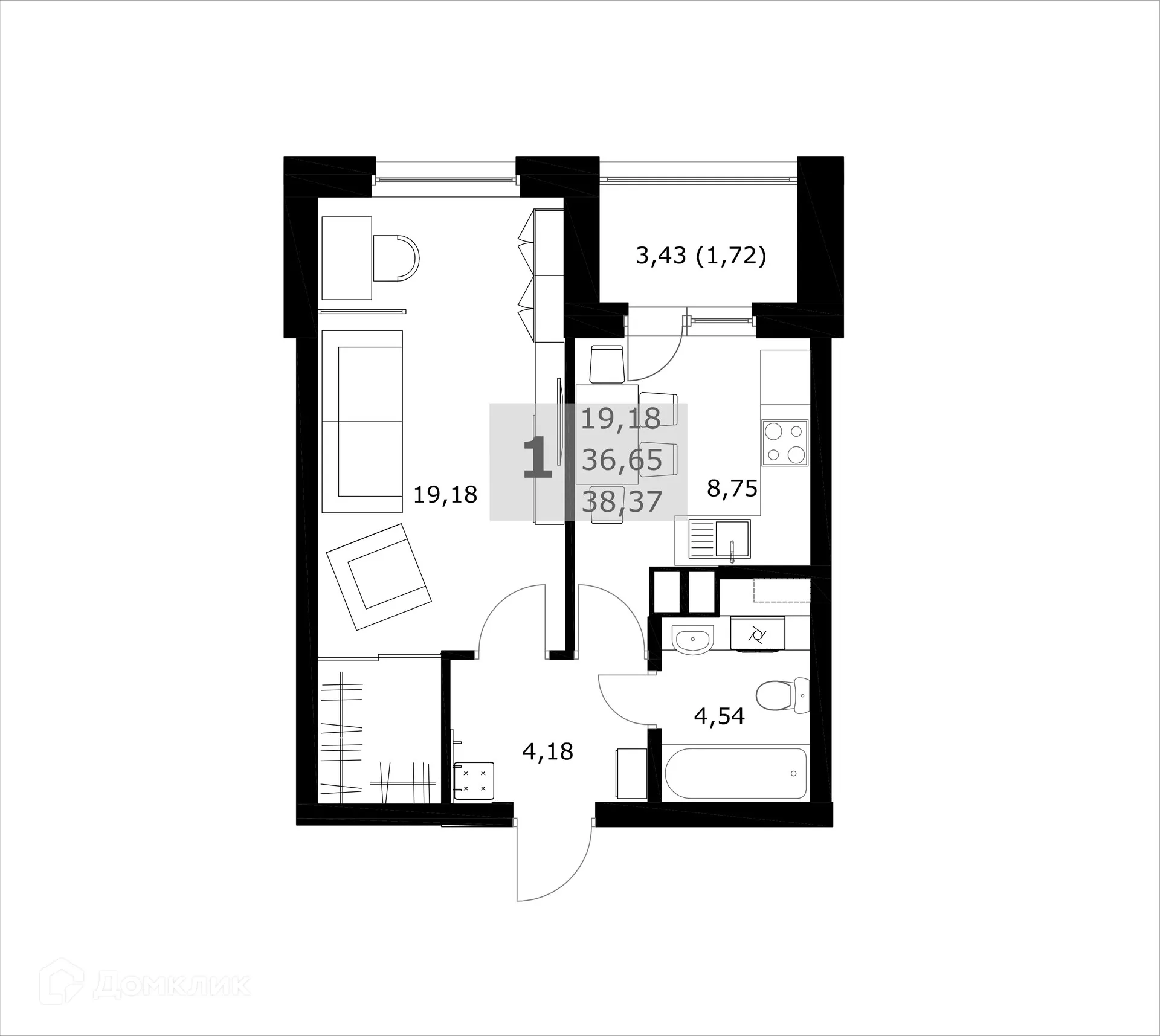 Планировка 1-комнатной квартиры 38.37 м² в ЖК Комфорт, г. Самара — фото 2