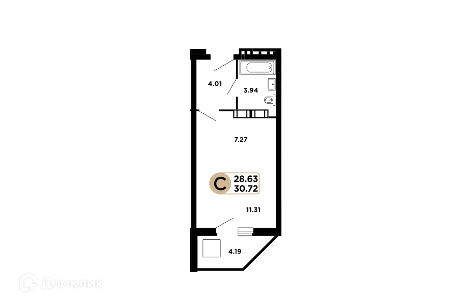 Планировка студии квартиры 28.9 м² в ЖК Московский, г. Самара — фото 1