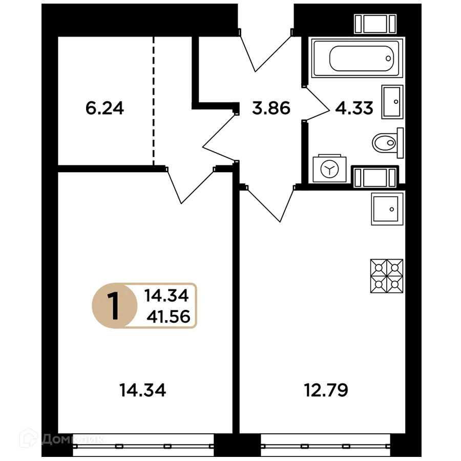 Планировка 1-комнатной квартиры 41.56 м² в ЖК Легенда, г. Самара — фото 2