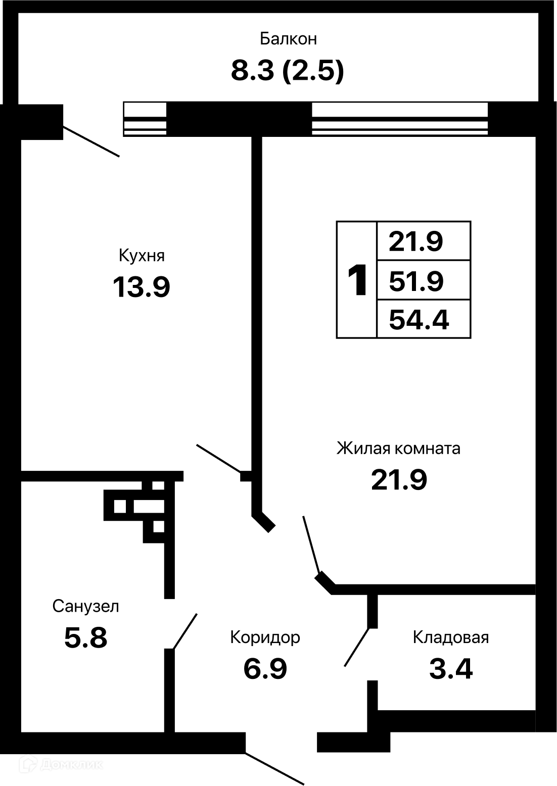 Планировка 1-комнатной квартиры 54.4 м² в ЖК Горизонт-2, г. Самара — фото 1