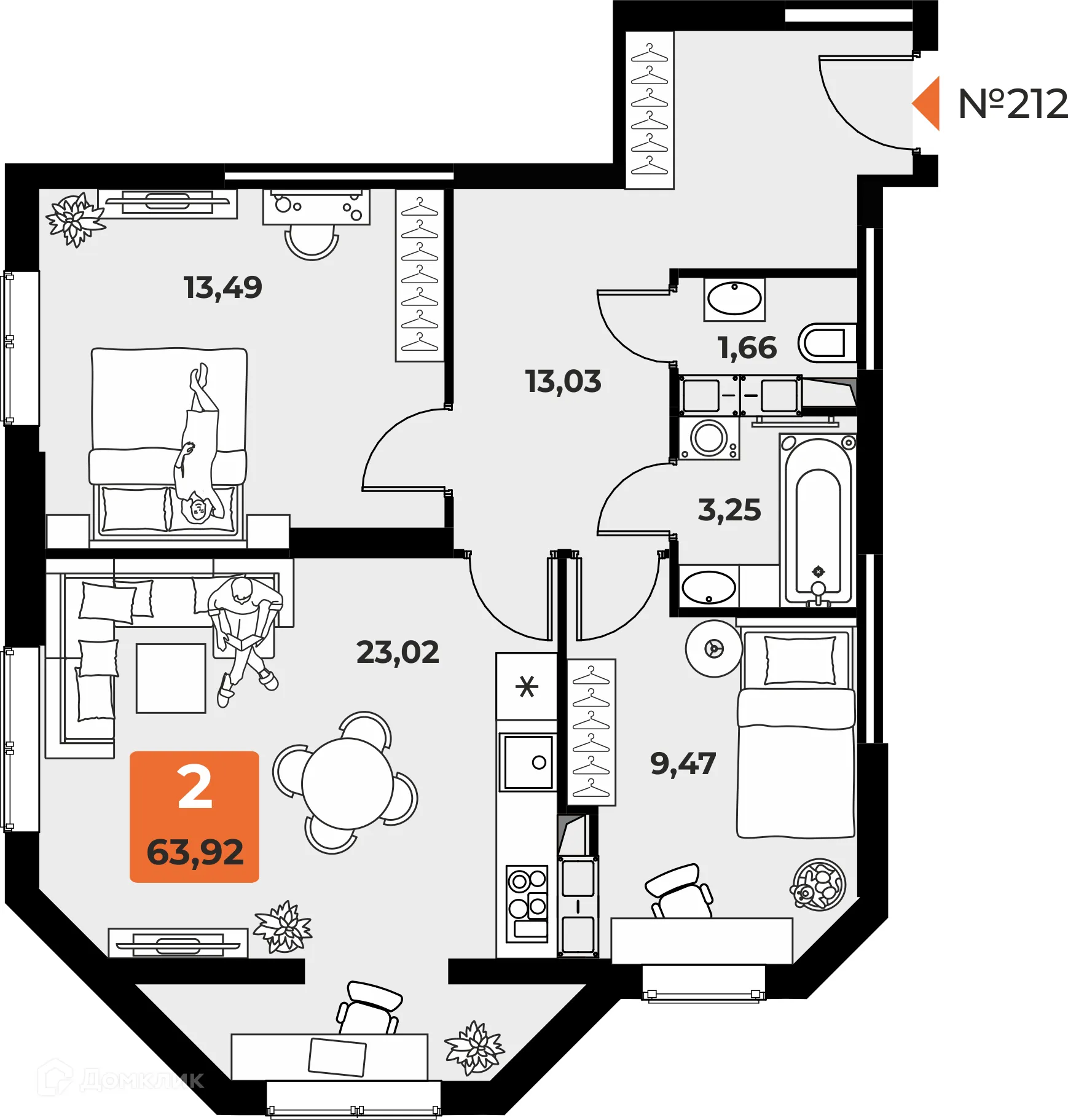 Планировка 2-комнатной квартиры 63 м² в ЖК "Капитал", г. Самара — фото 1