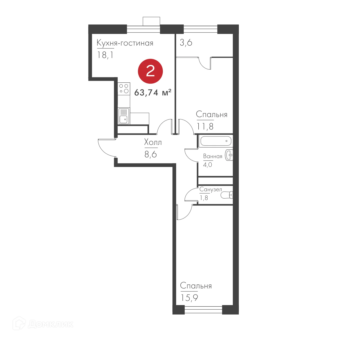 Планировка 2-комнатной квартиры 63.74 м² в ЖК Панова Парк, г. Самара — фото 2