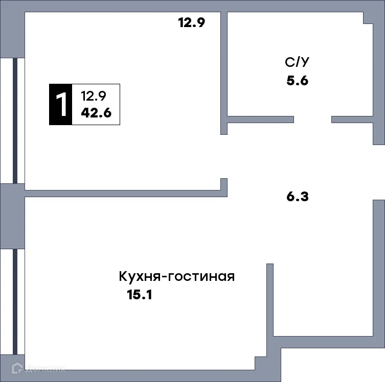 Планировка 1-комнатной квартиры 42.6 м² в ЖК КВАТРО, г. Самара — фото 1