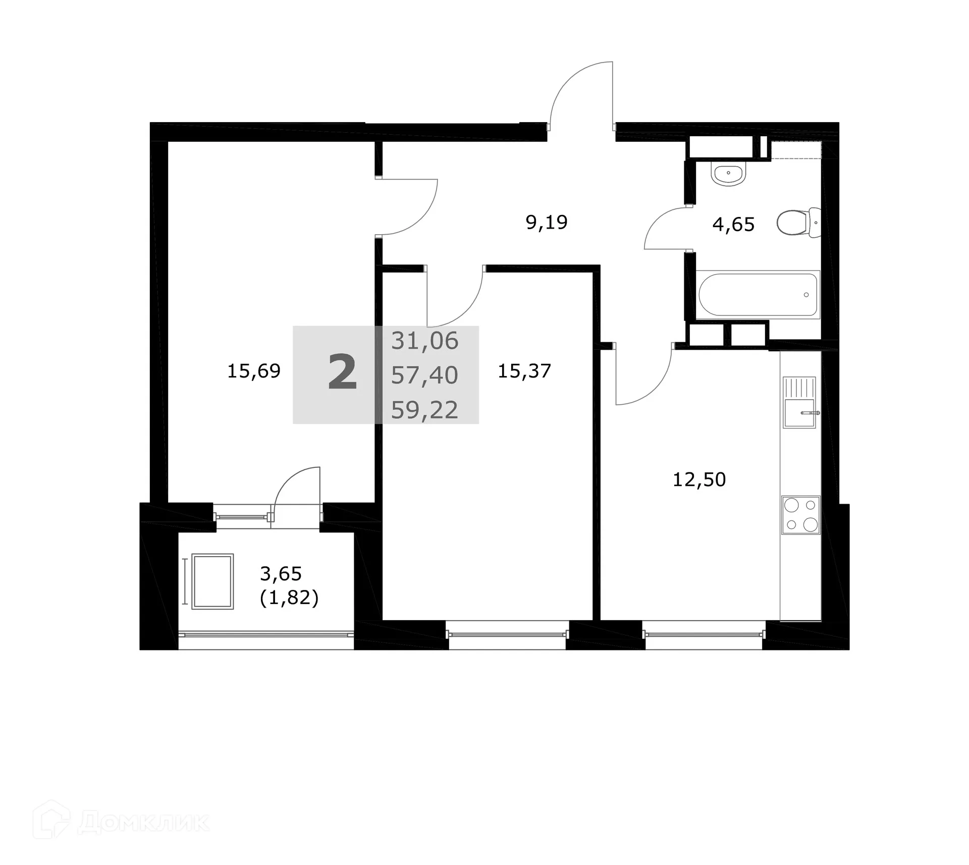 Планировка 2-комнатной квартиры 59.22 м² в ЖК Комфорт, г. Самара — фото 4