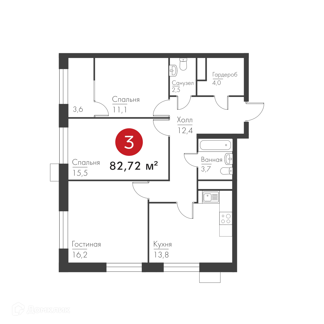 Планировка 3-комнатной квартиры 82.72 м² в ЖК Панова Парк, г. Самара — фото 2
