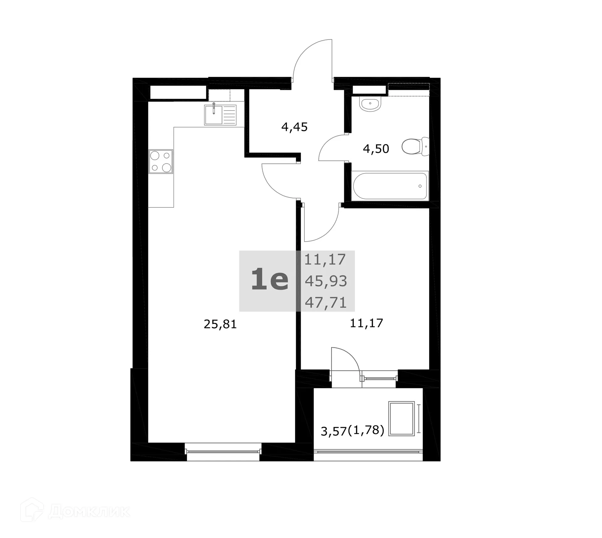 Планировка 1-комнатной квартиры 47.71 м² в ЖК Комфорт, г. Самара — фото 1