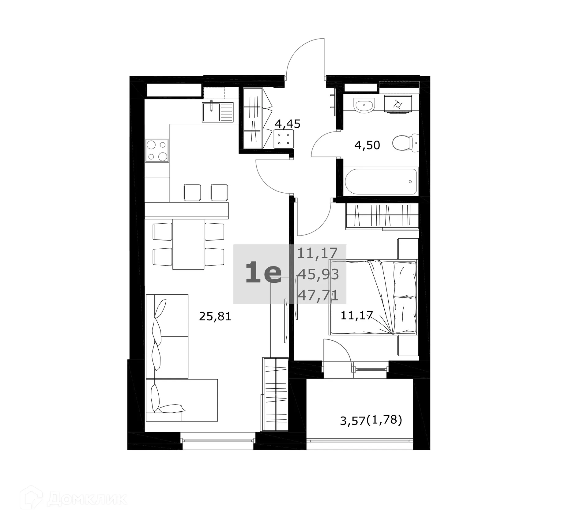 Планировка 1-комнатной квартиры 47.71 м² в ЖК Комфорт, г. Самара — фото 2