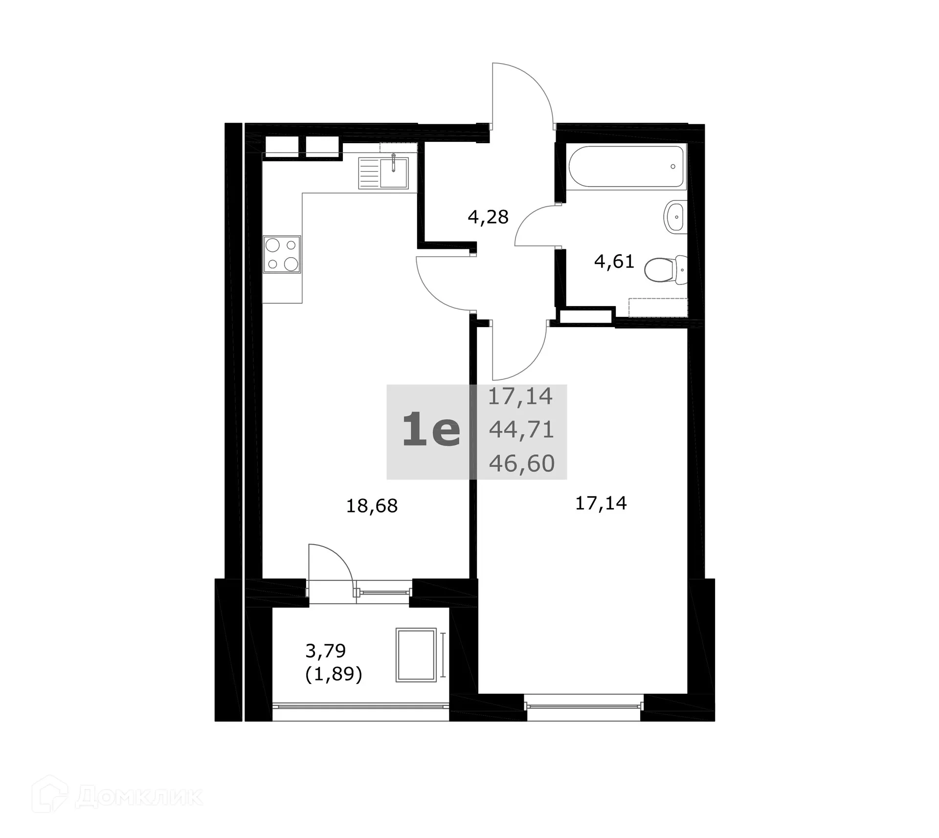 Планировка 1-комнатной квартиры 46.6 м² в ЖК Комфорт, г. Самара — фото 1