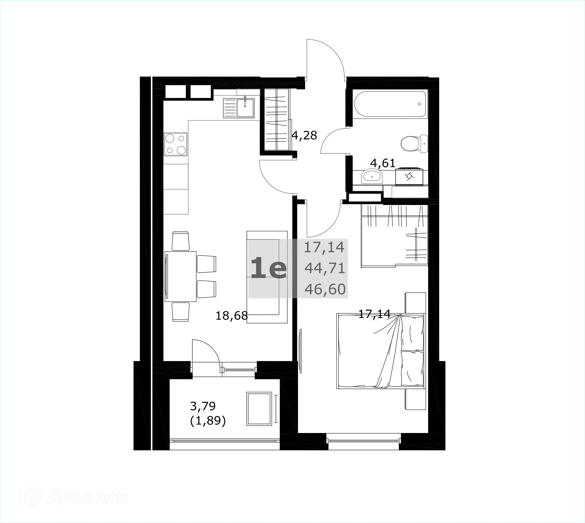 Планировка 1-комнатной квартиры 46.6 м² в ЖК Комфорт, г. Самара — фото 2