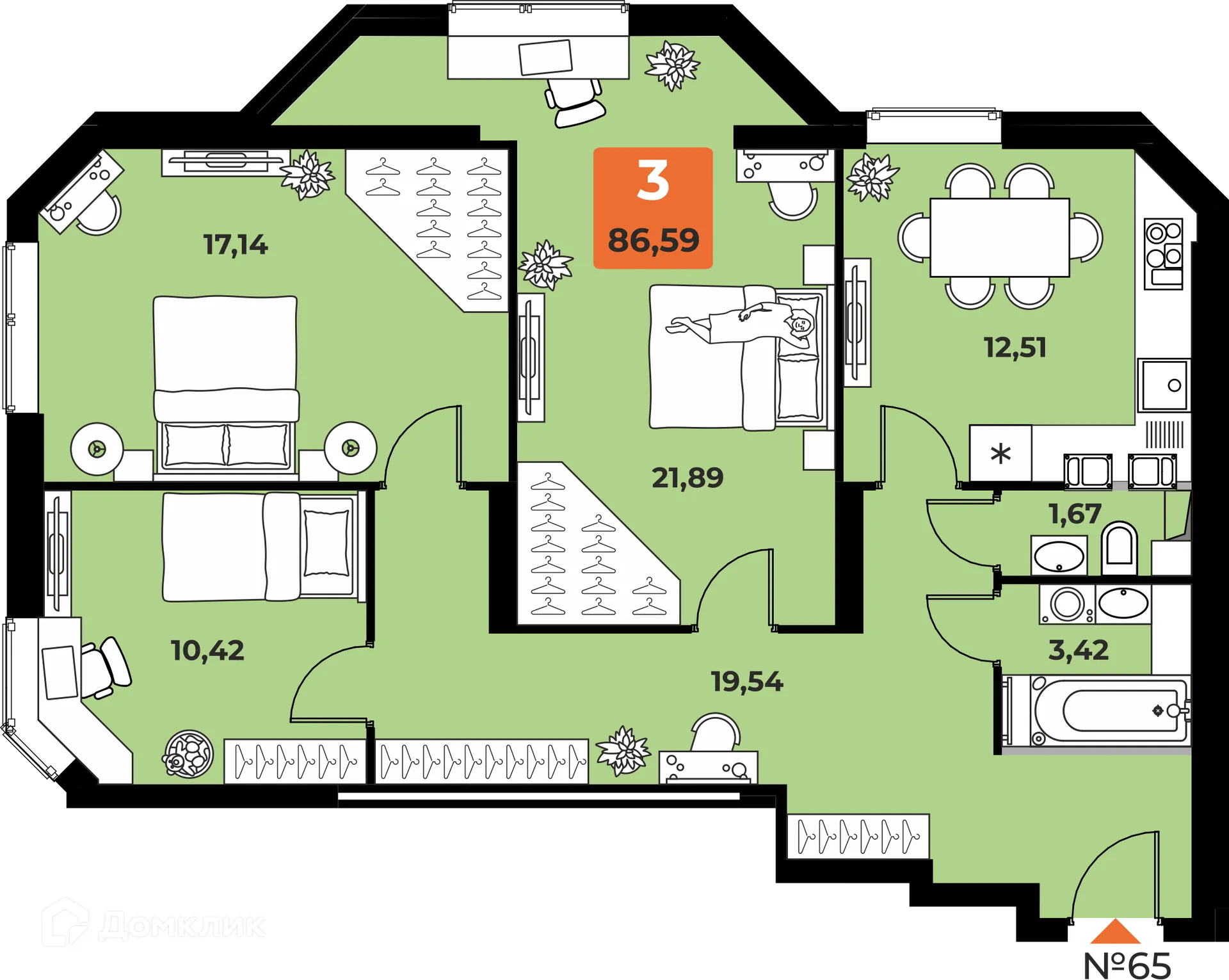 Планировка 3-комнатной квартиры 85.2 м² в ЖК "Капитал", г. Самара — фото 1