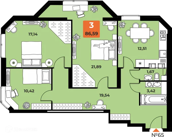 Планировка 3 комн. в ЖК "Капитал"