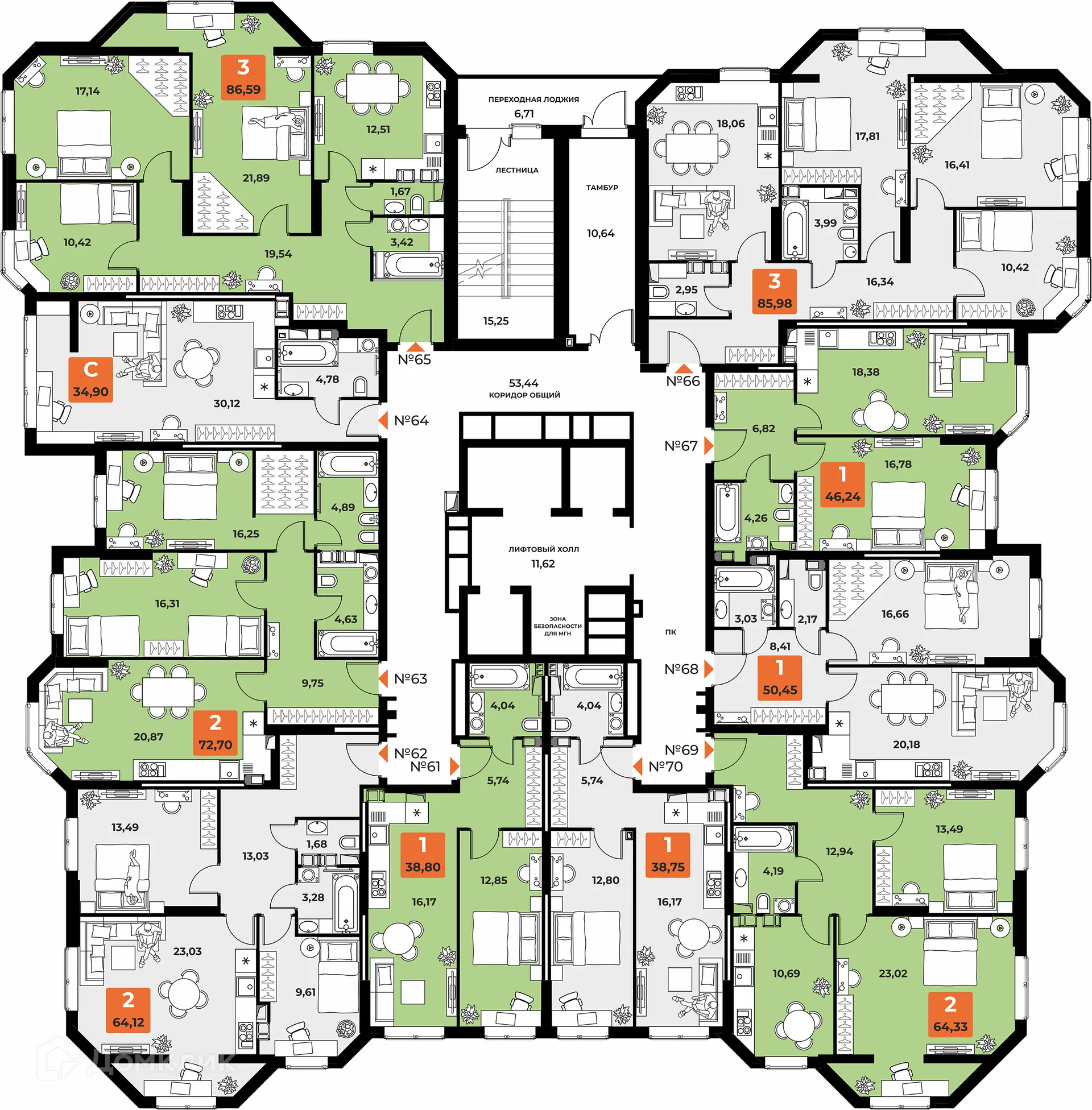 Планировка 3-комнатной квартиры 85.2 м² в ЖК "Капитал", г. Самара — фото 2