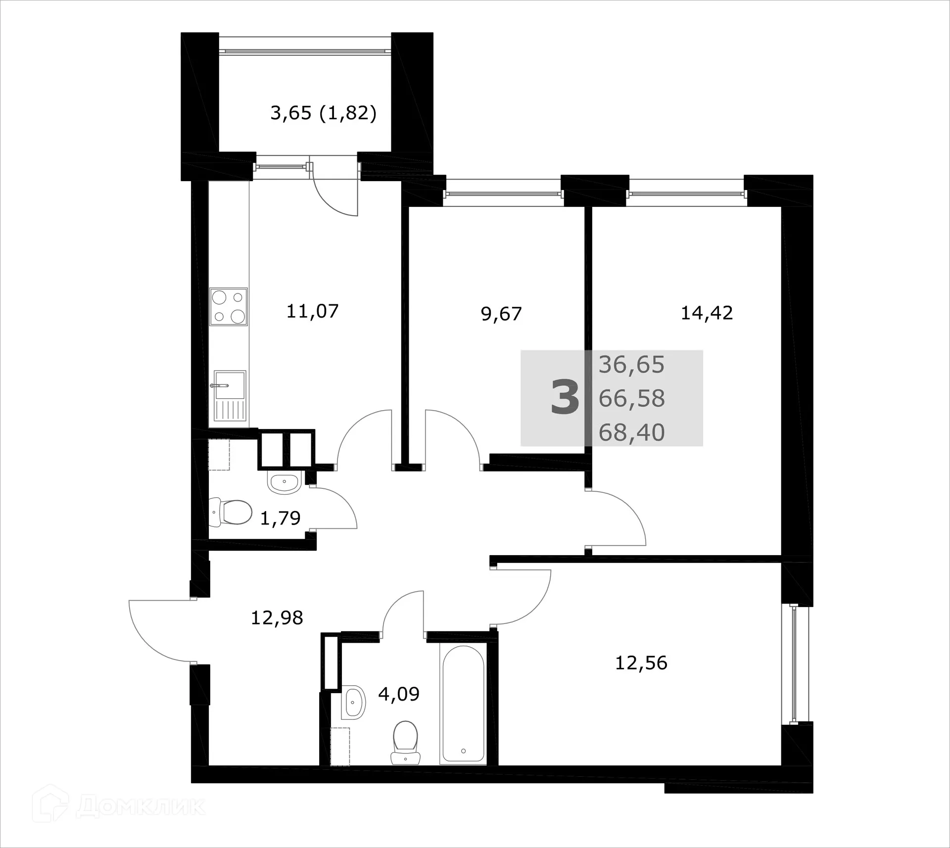 Планировка 3-комнатной квартиры 68.4 м² в ЖК Комфорт, г. Самара — фото 1
