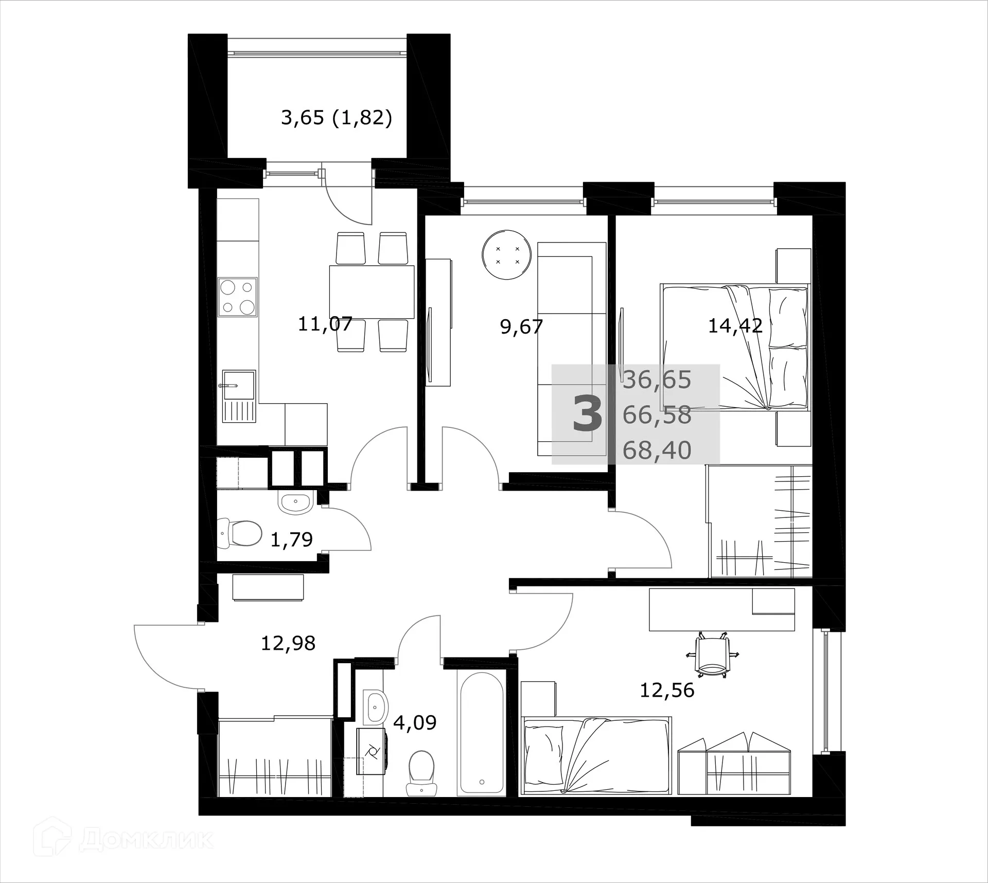 Планировка 3-комнатной квартиры 68.4 м² в ЖК Комфорт, г. Самара — фото 2