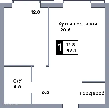 Планировка 1 комн. в ЖК Самара Сити