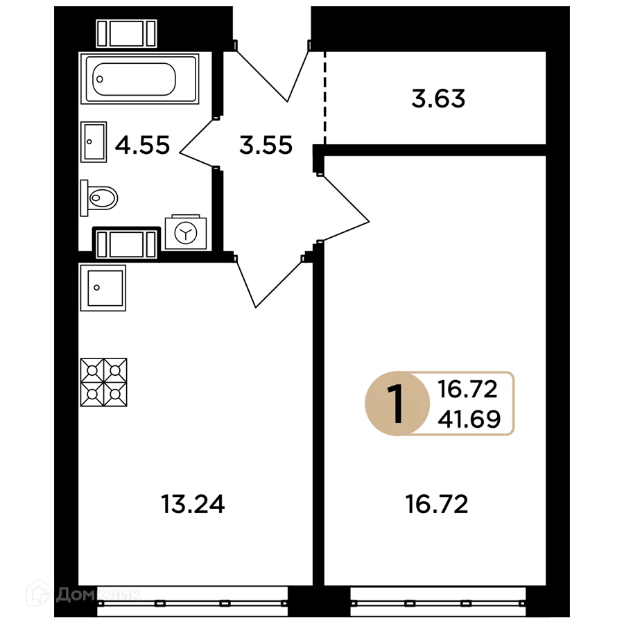 Планировка 1-комнатной квартиры 41.69 м² в ЖК Легенда, г. Самара — фото 3