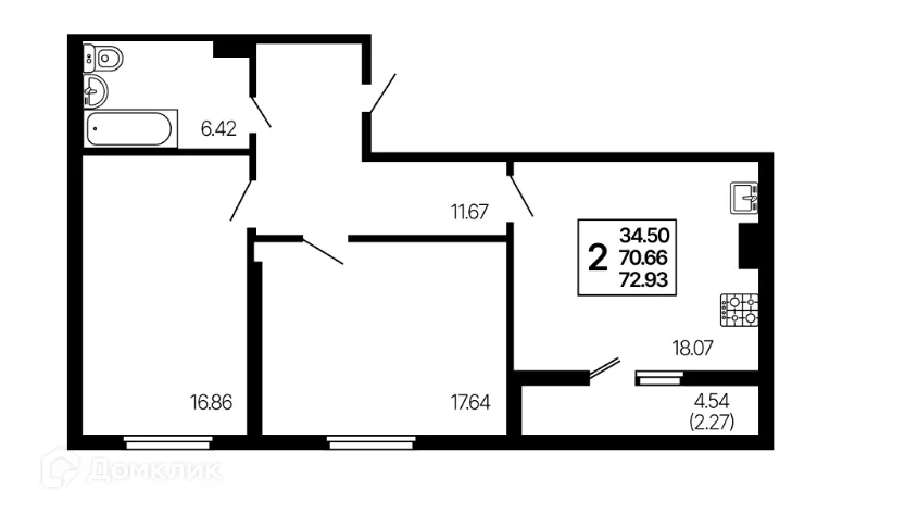 Планировка 2-комнатной квартиры 72.93 м² в ЖК Развитие, г. Самара — фото 1