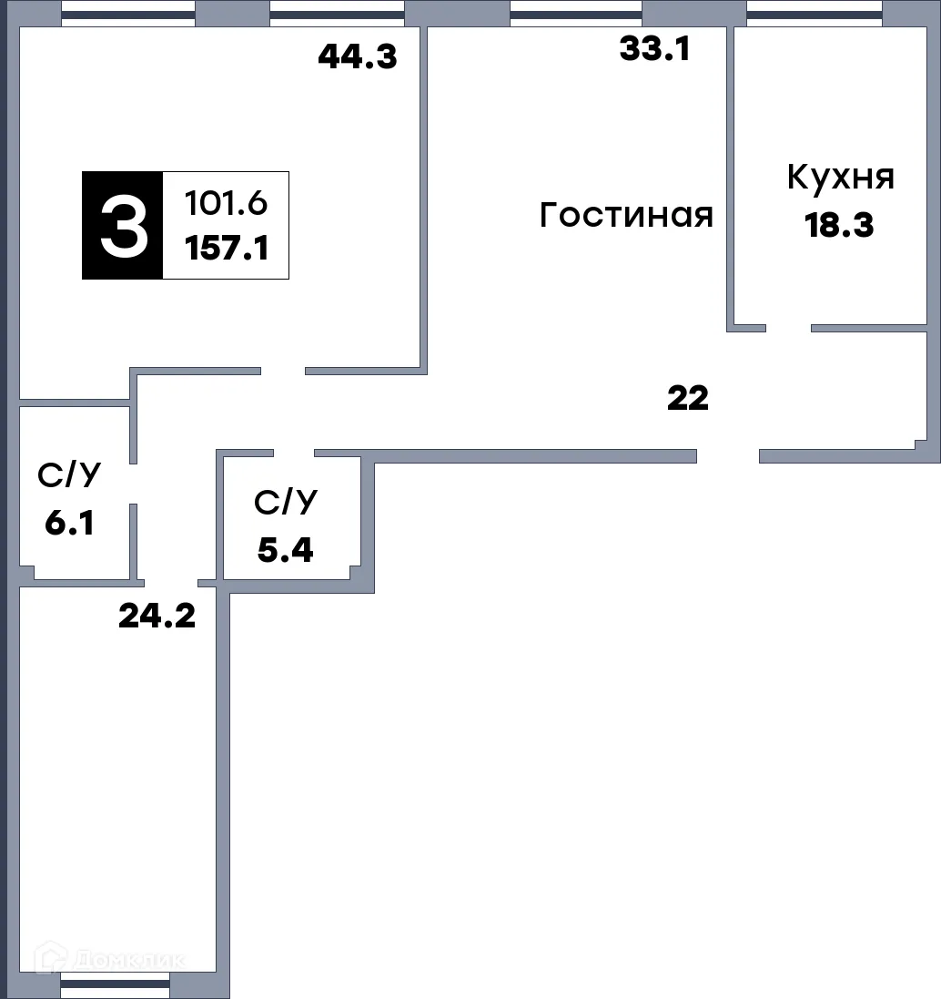 Планировка 3-комнатной квартиры 157.1 м² в ЖК КВАТРО, г. Самара — фото 1
