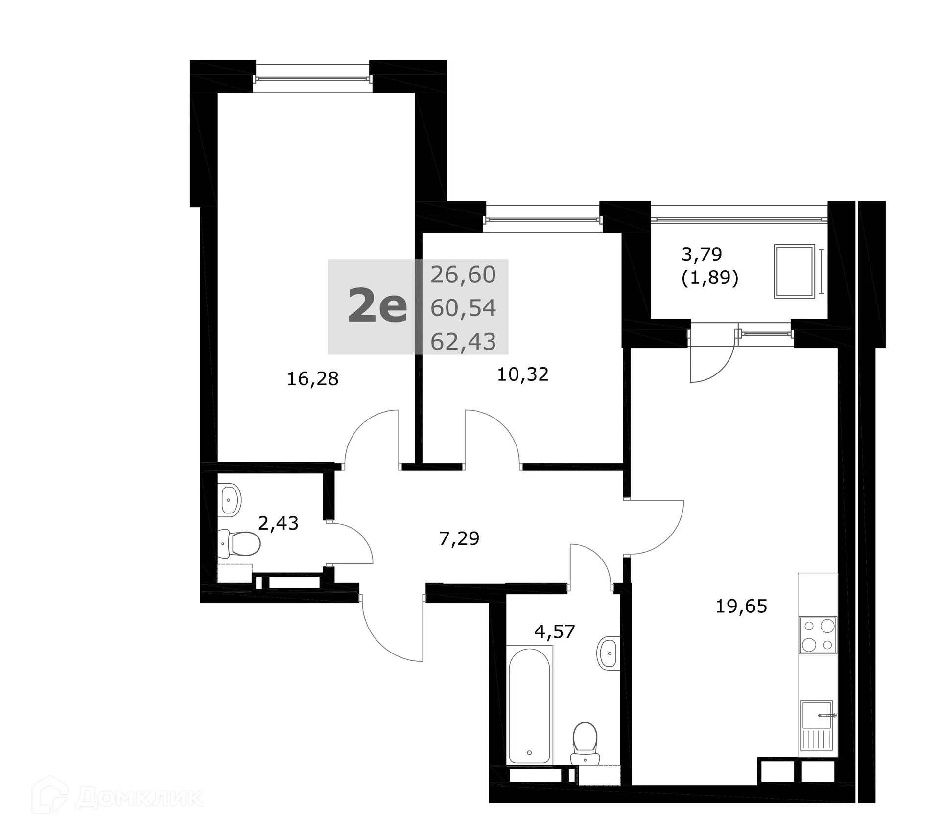 Планировка 2-комнатной квартиры 62.43 м² в ЖК Комфорт, г. Самара — фото 4