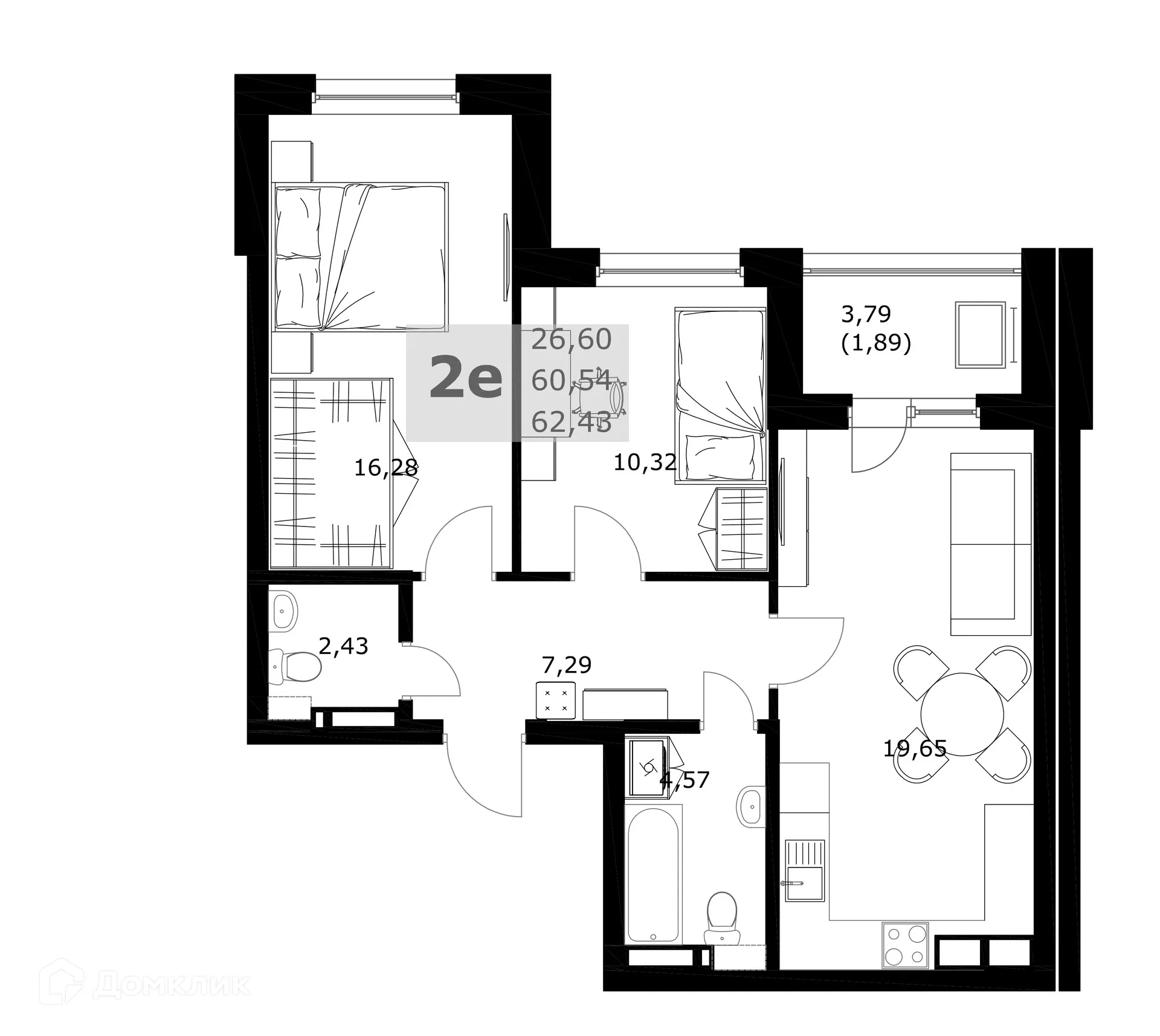 Планировка 2-комнатной квартиры 62.43 м² в ЖК Комфорт, г. Самара — фото 5
