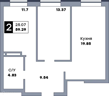 Планировка 2-комнатной квартиры 59.29 м² в ЖК СПУТНИК, г. Самара — фото 7