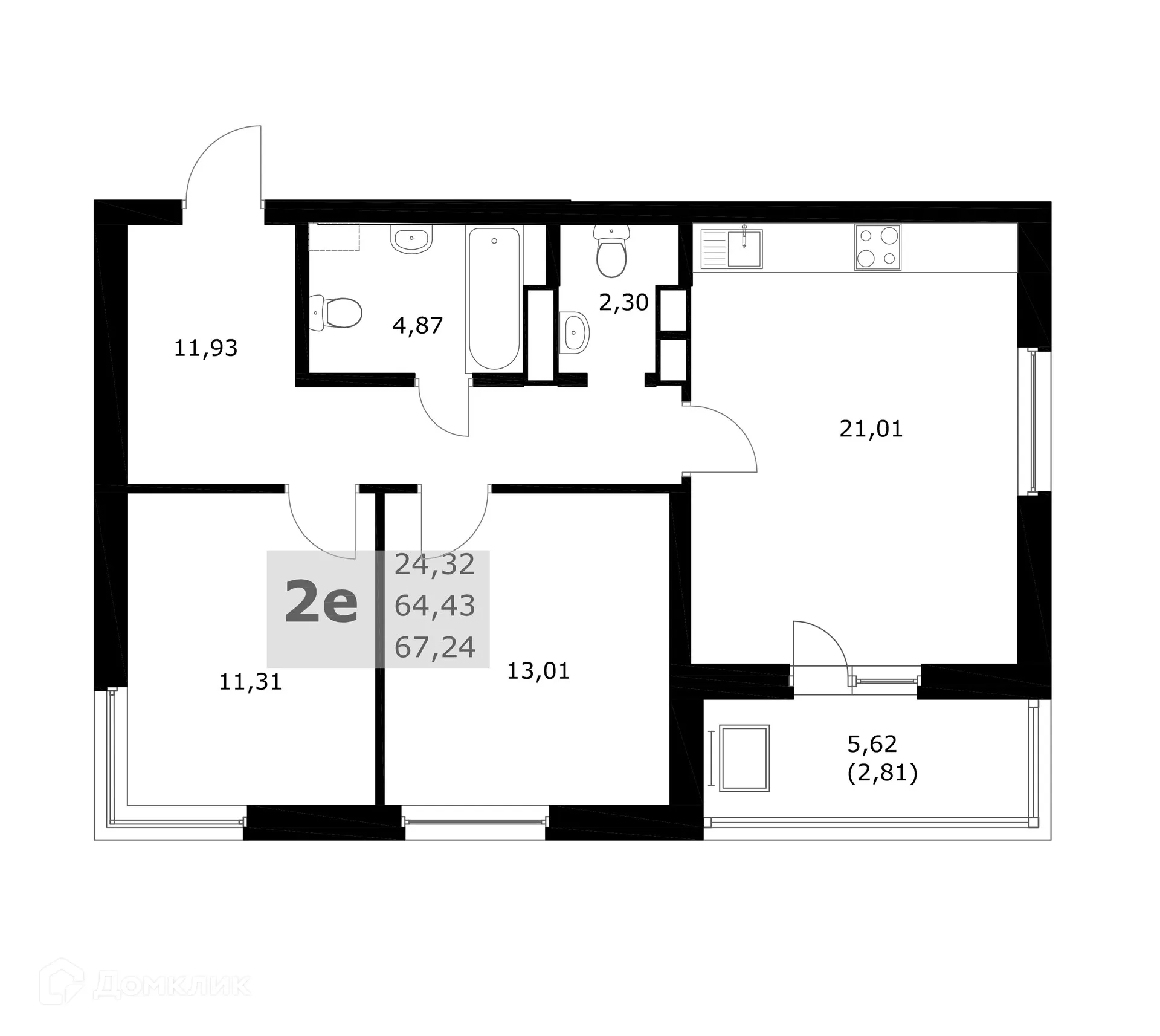 Планировка 2-комнатной квартиры 67.24 м² в ЖК Комфорт, г. Самара — фото 1