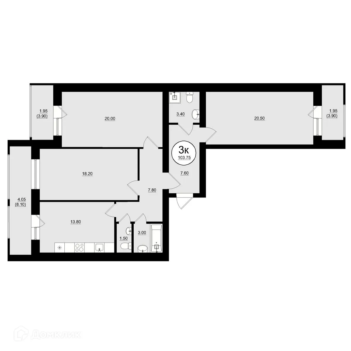 Планировка 3-комнатной квартиры 105.17 м² в ЖК КУЛЬТУРА, г. Самара — фото 16