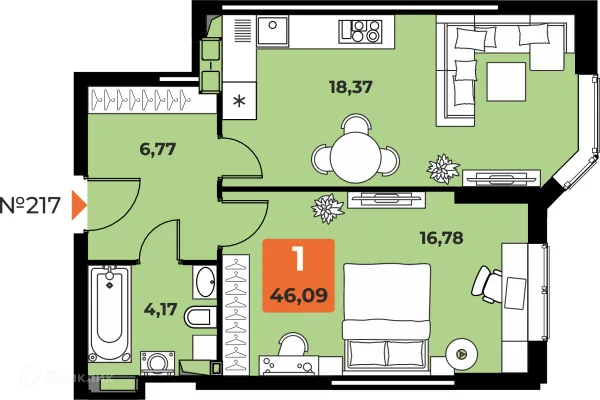 Планировка 1 комн. в ЖК "Капитал"