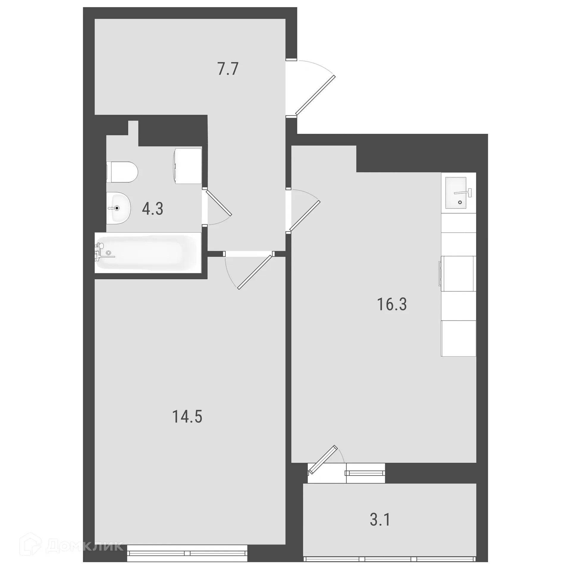 Планировка 1-комнатной квартиры 44.34 м² в ЖК Макрорайон АМГРАД, г. Самара — фото 2