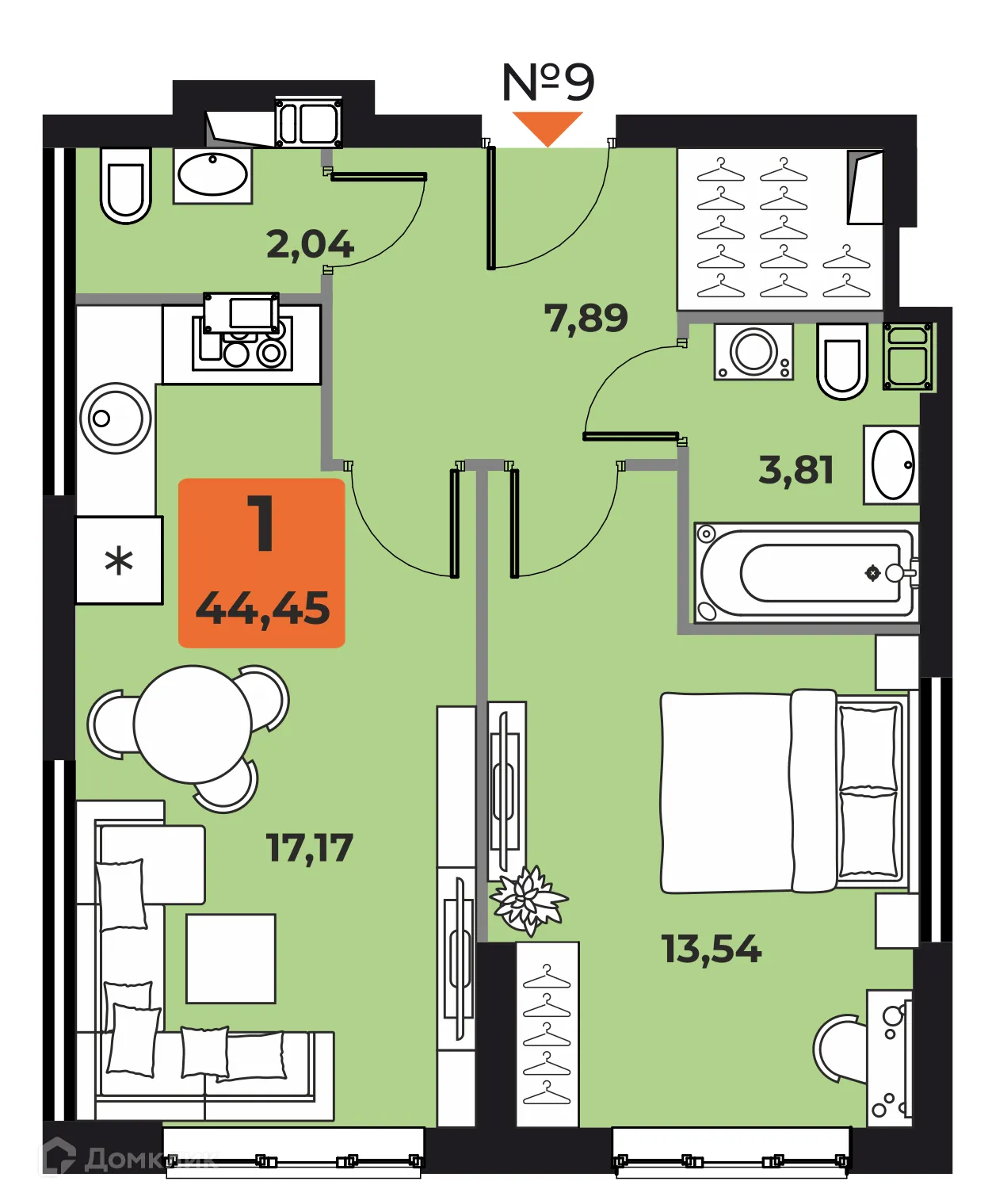 Планировка 1-комнатной квартиры 44 м² в ЖК "Капитал", г. Самара — фото 1