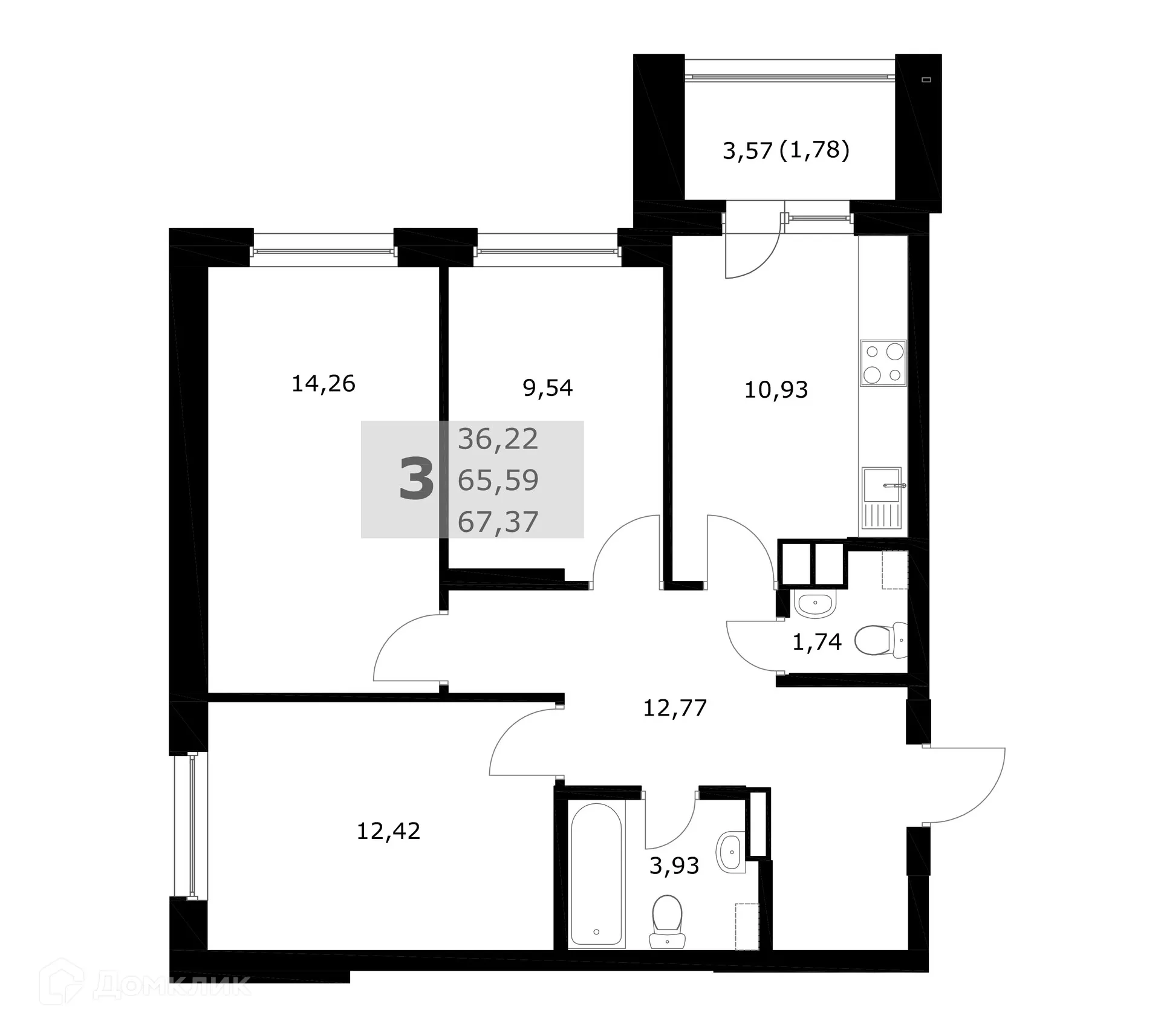 Планировка 3-комнатной квартиры 67.37 м² в ЖК Комфорт, г. Самара — фото 1