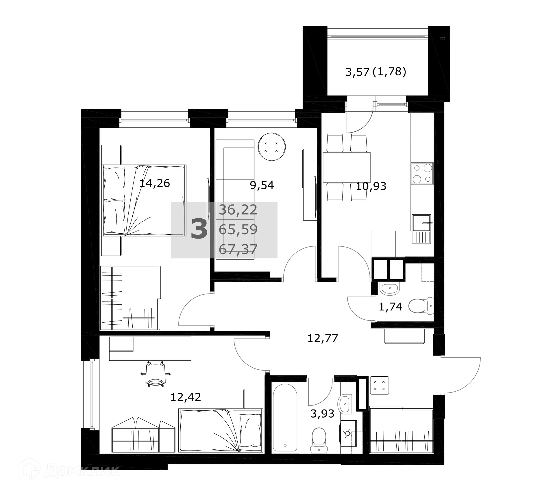 Планировка 3-комнатной квартиры 67.37 м² в ЖК Комфорт, г. Самара — фото 2