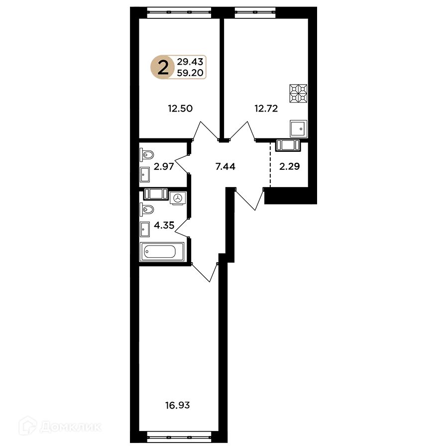 Планировка 2-комнатной квартиры 59.2 м² в ЖК Легенда, г. Самара — фото 1
