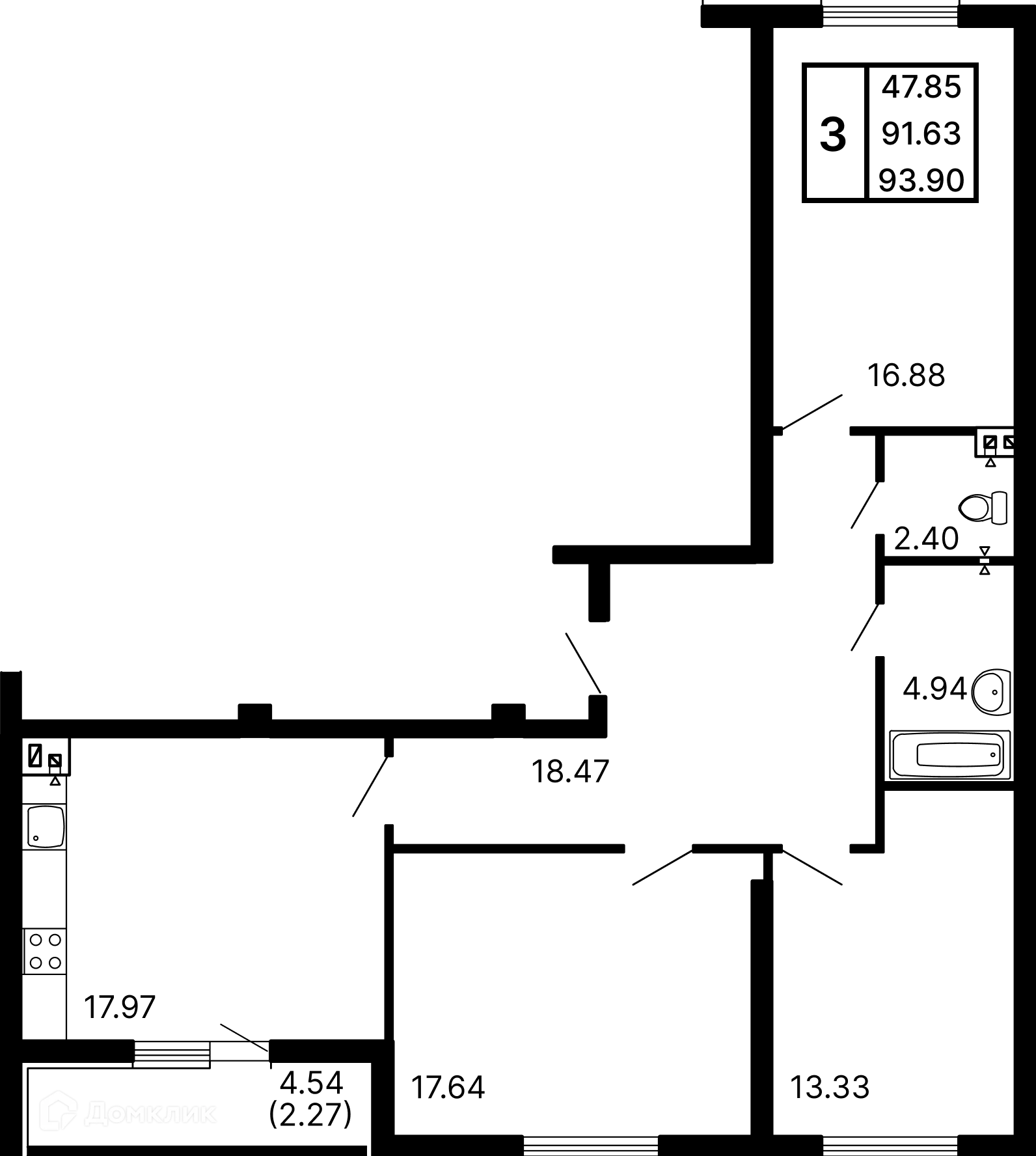 Планировка 3-комнатной квартиры 93.9 м² в ЖК Развитие, г. Самара — фото 1