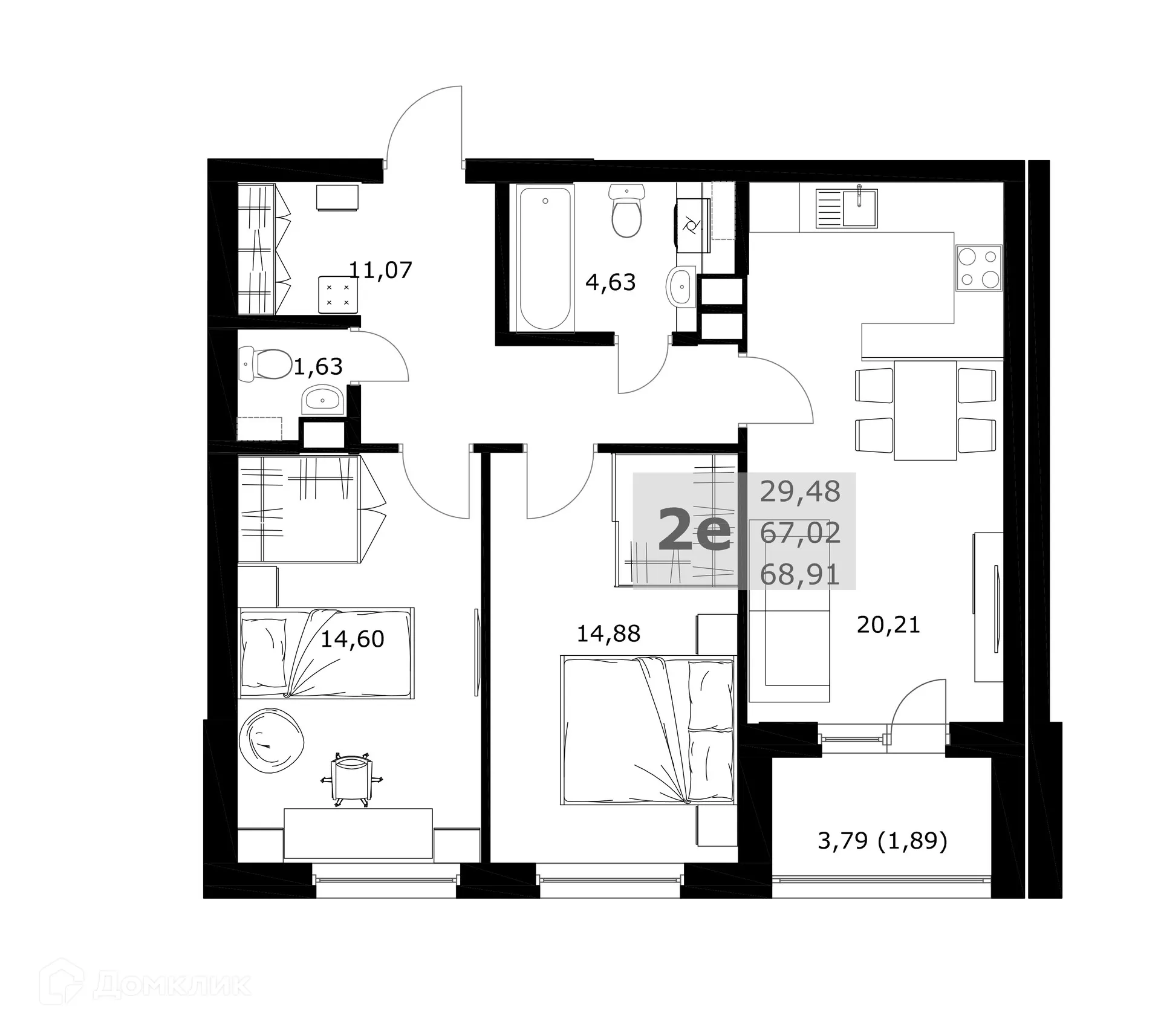 Планировка 2-комнатной квартиры 68.91 м² в ЖК Комфорт, г. Самара — фото 2