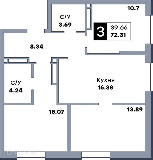 Планировка 3-комнатной квартиры 72.28 м² в ЖК СПУТНИК, г. Самара — фото 7