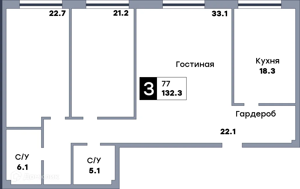 Планировка 3-комнатной квартиры 132.3 м² в ЖК КВАТРО, г. Самара — фото 1