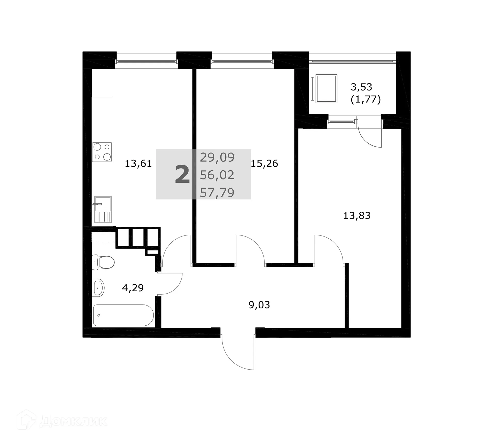 Планировка 2-комнатной квартиры 57.79 м² в ЖК Комфорт, г. Самара — фото 4