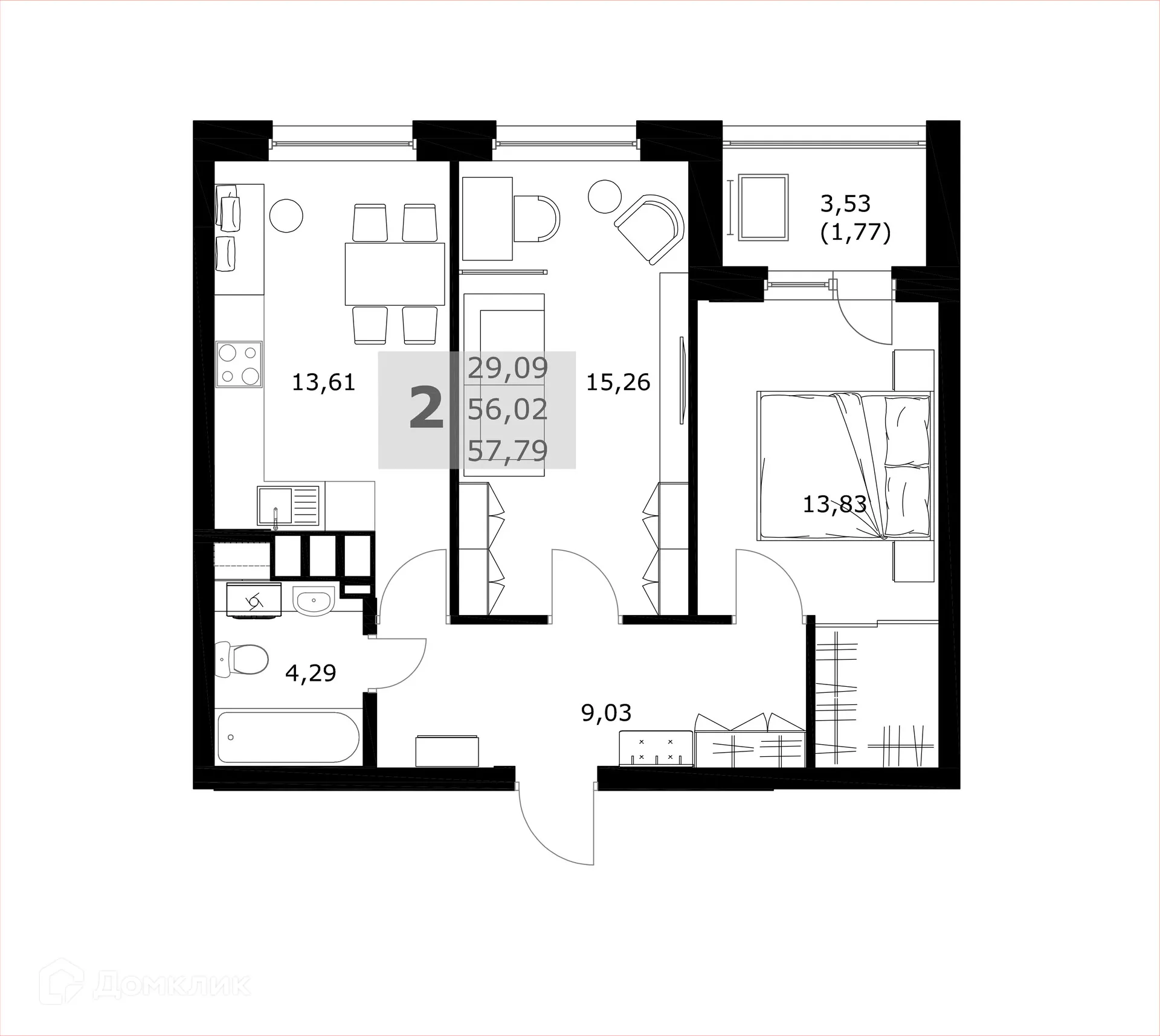 Планировка 2-комнатной квартиры 57.79 м² в ЖК Комфорт, г. Самара — фото 5