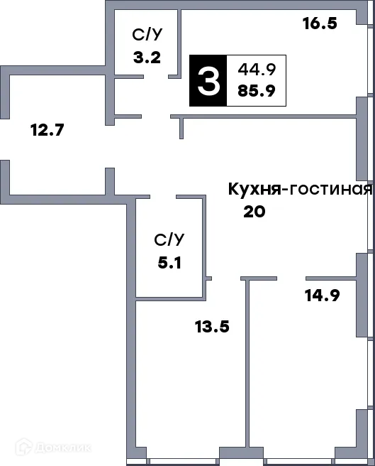 Планировка 3-комнатной квартиры 84.3 м² в ЖК Самара Сити, г. Самара — фото 1