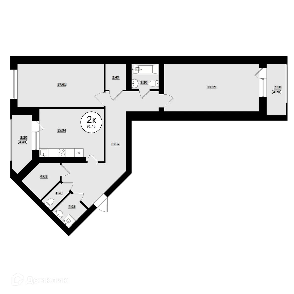 Планировка 2-комнатной квартиры 91.45 м² в ЖК КУЛЬТУРА, г. Самара — фото 12