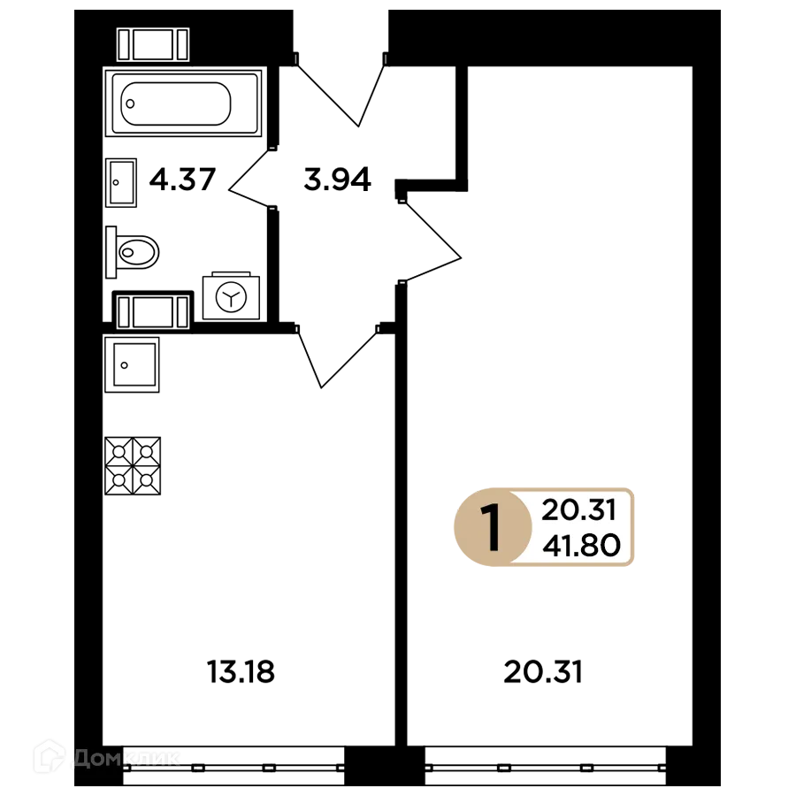 Планировка 1-комнатной квартиры 41.8 м² в ЖК Легенда, г. Самара — фото 2