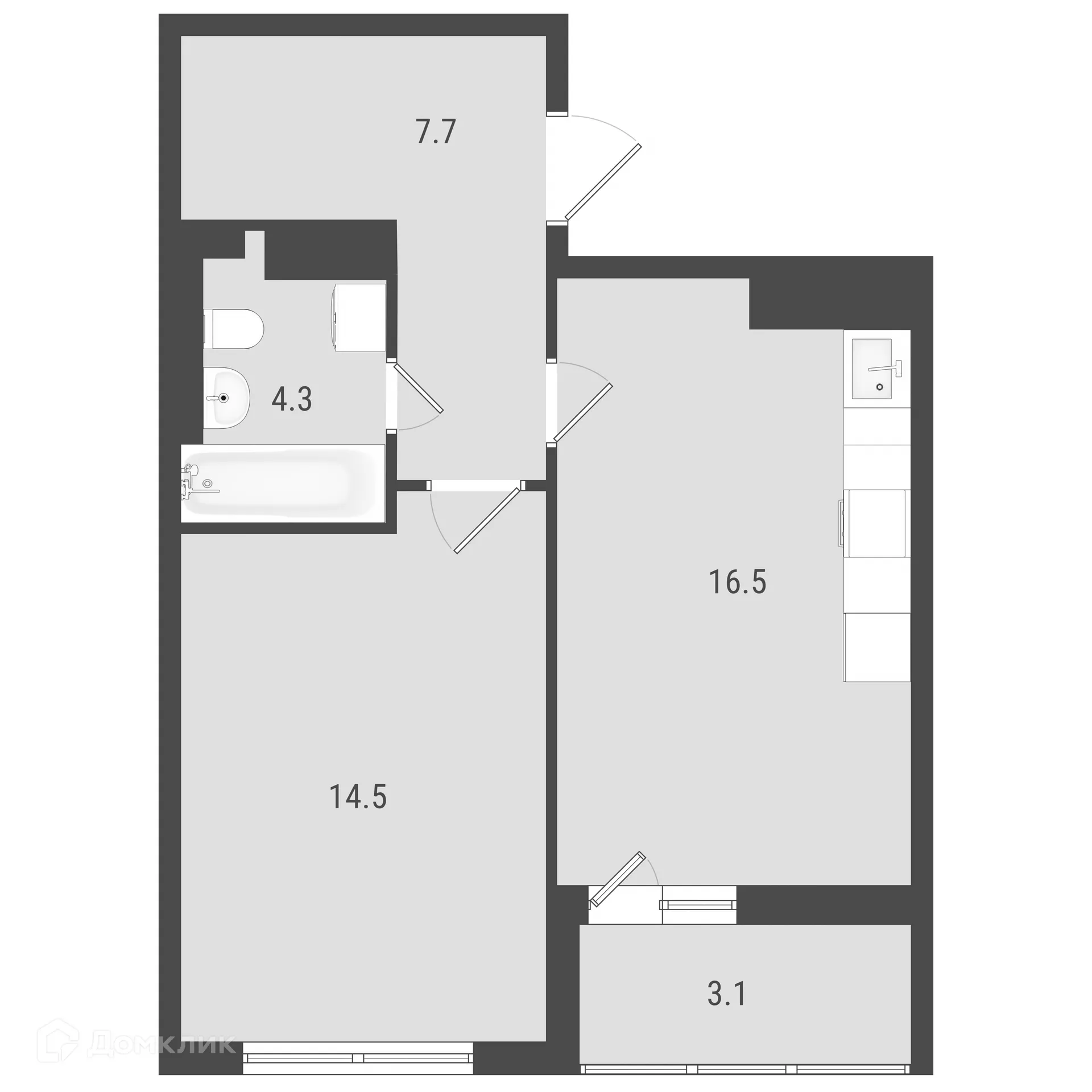 Планировка 1-комнатной квартиры 44.6 м² в ЖК Макрорайон АМГРАД, г. Самара — фото 1