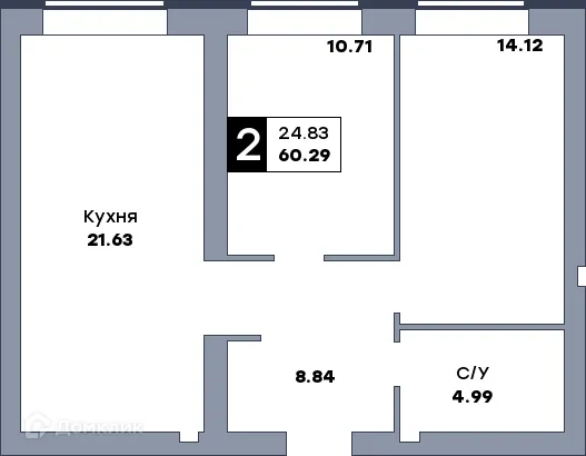 Планировка 2-комнатной квартиры 61.3 м² в ЖК Заречье, г. Самара — фото 1
