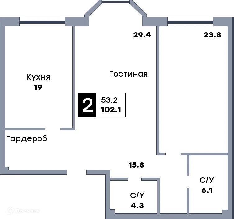 Планировка 2-комнатной квартиры 102.1 м² в ЖК КВАТРО, г. Самара — фото 1