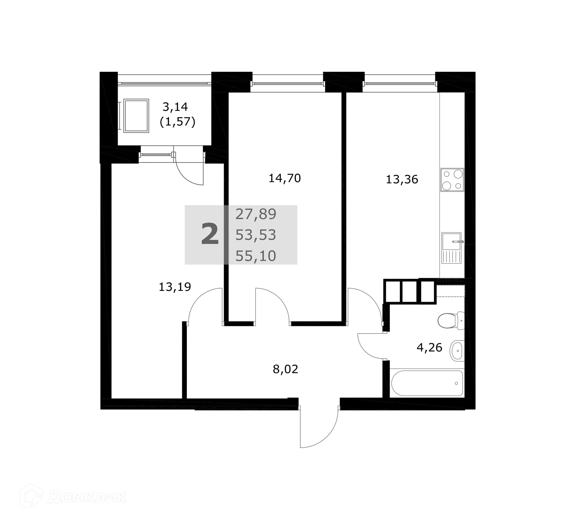 Планировка 2-комнатной квартиры 55.1 м² в ЖК Комфорт, г. Самара — фото 10