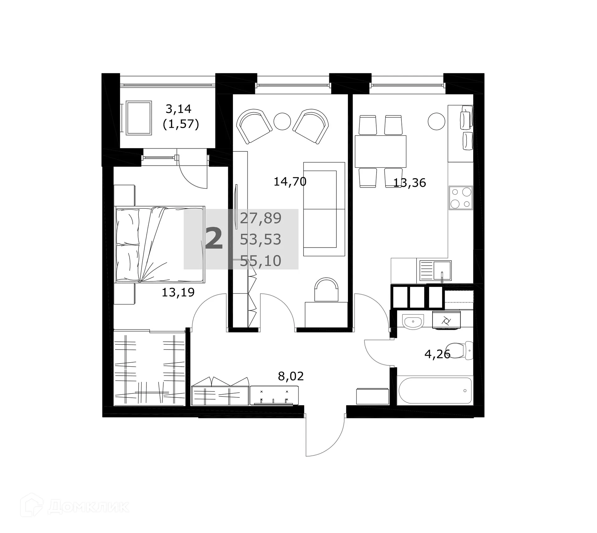 Планировка 2-комнатной квартиры 55.1 м² в ЖК Комфорт, г. Самара — фото 11