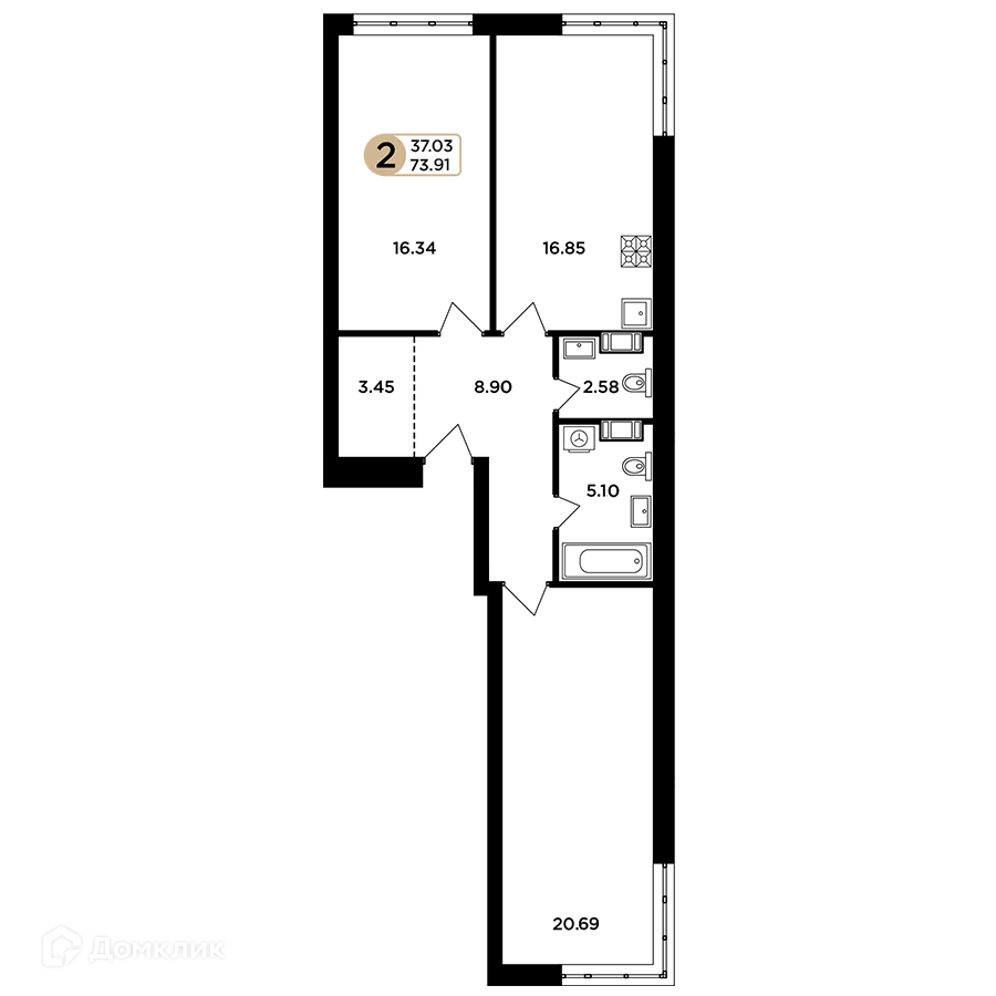 Планировка 2-комнатной квартиры 73.91 м² в ЖК Легенда, г. Самара — фото 1